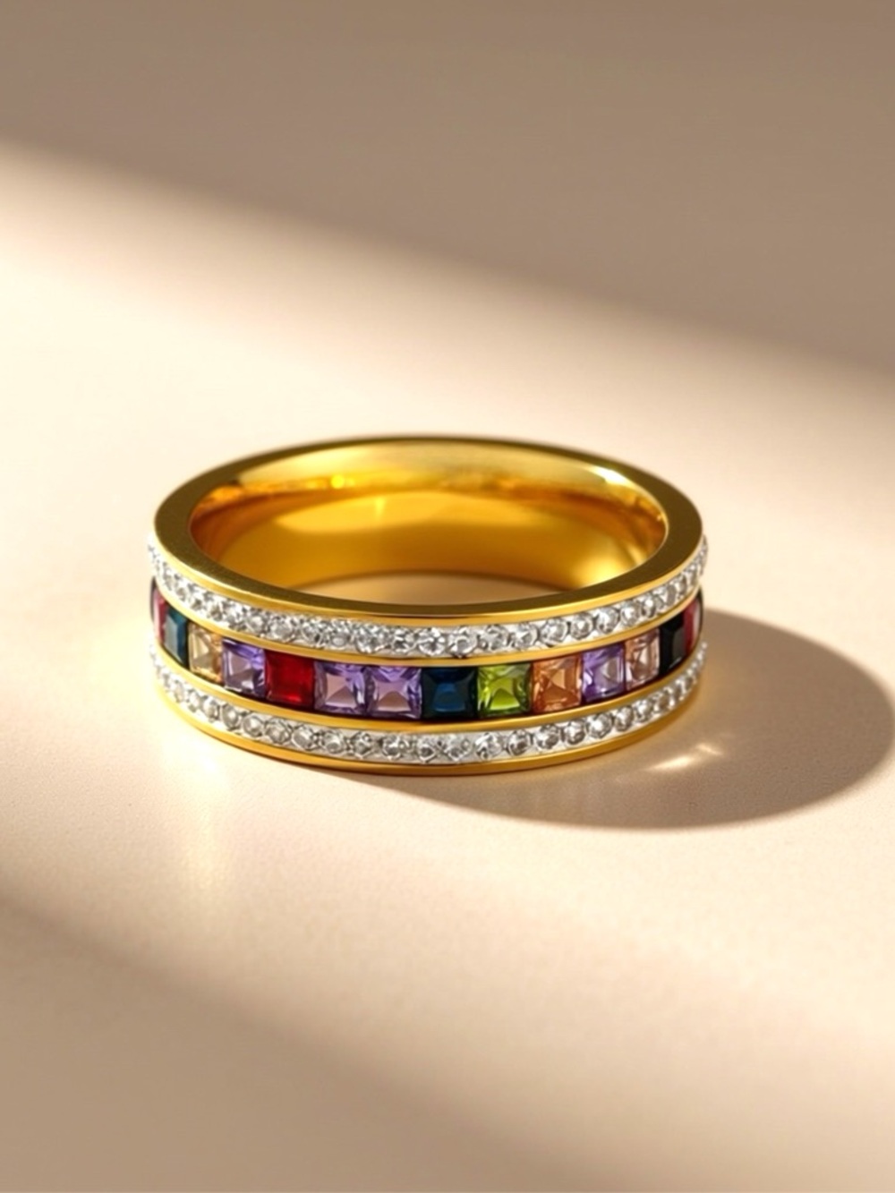 Rainbow CZ Eternity Band Ring 18K Gold Plated Stainless Steel Tarnish Proof Sz 8